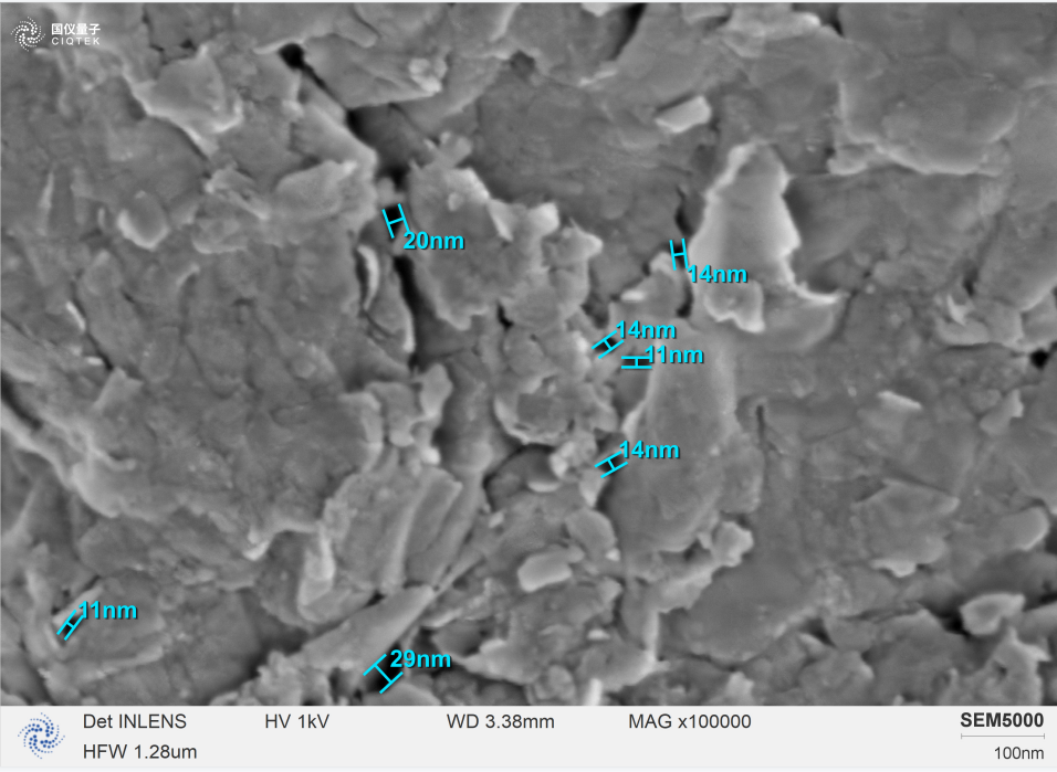 SEM5000 può identificare chiaramente i singoli cristalliti lamellari ad un ingrandimento elevato di 100.000 e può analizzare la dimensione dei pori.